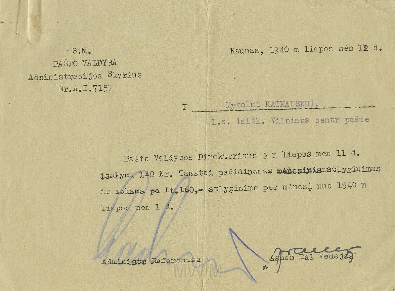 KKE 5527-1.jpg - (litewski) Dok. Pismo od Dyrektora poczty w sprawie wynagrodzenia dla Michała Katkowskiego, Kaunas, 12 VII 1940 r.